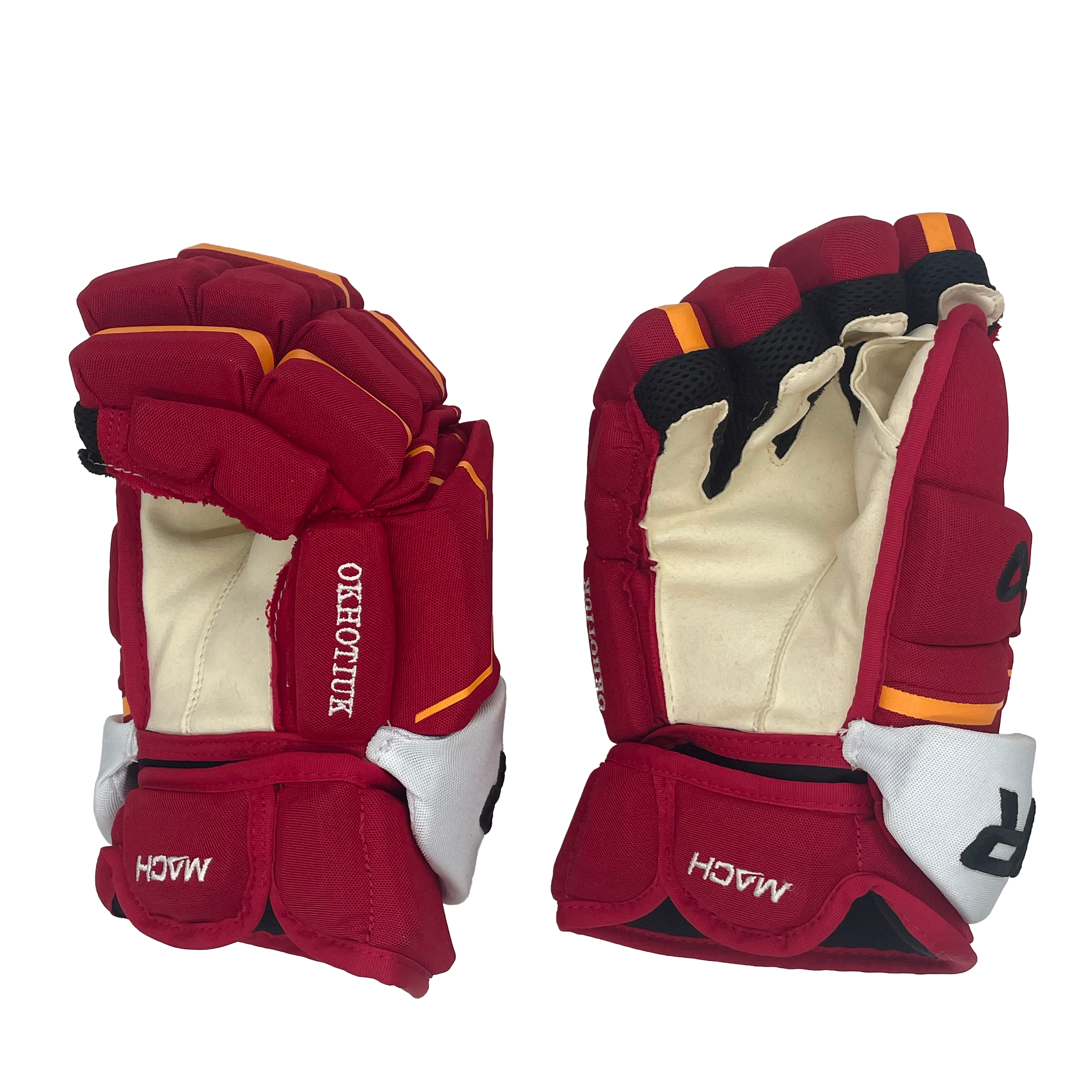 Bauer Supreme Mach - Gant NHL Pro Stock - Nikita Okhotiuk (Rouge/Jaune/Blanc)